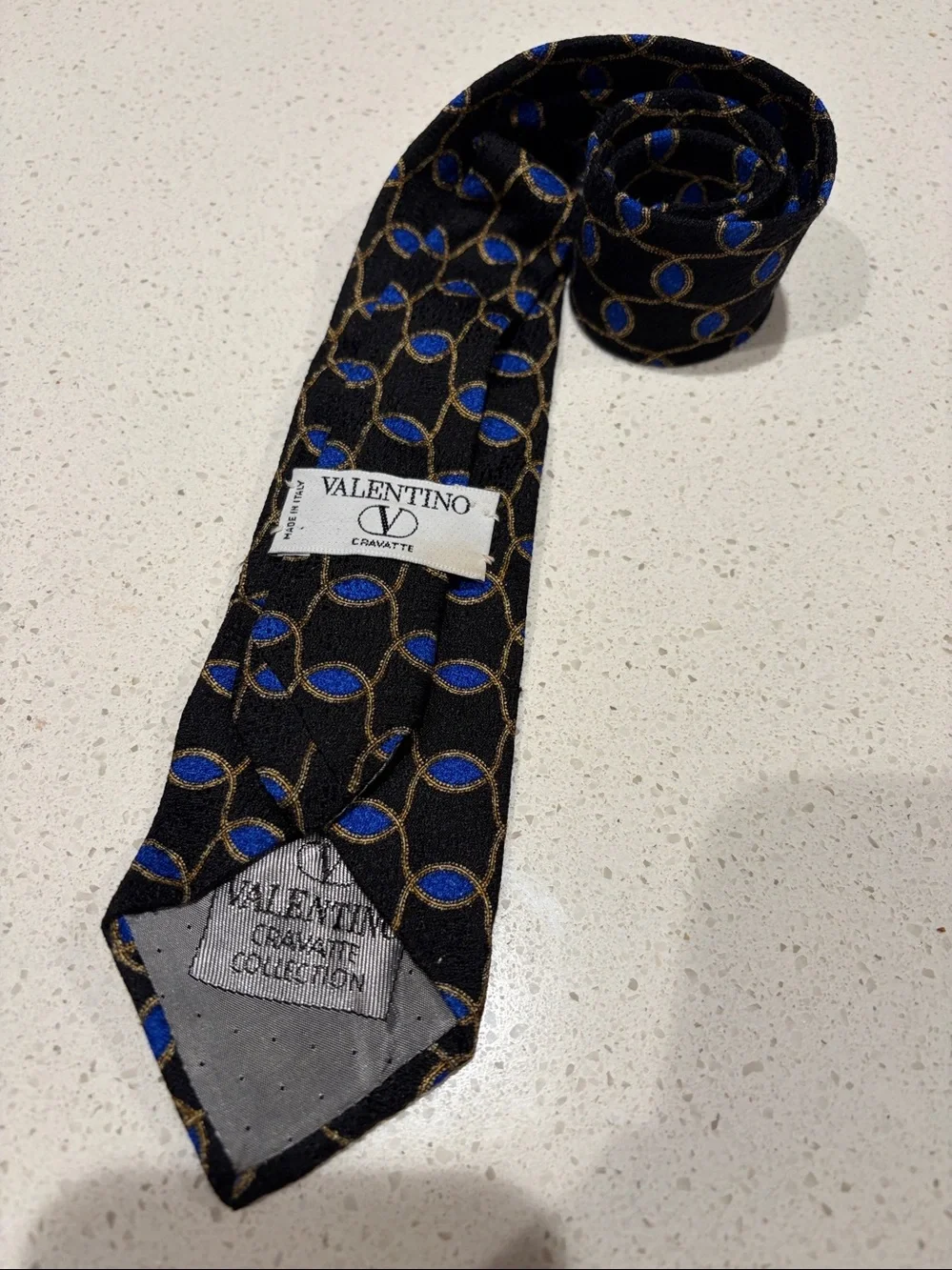 Valentino Black Silk Tie with Blue & Gold Geometric Motif - Boys length